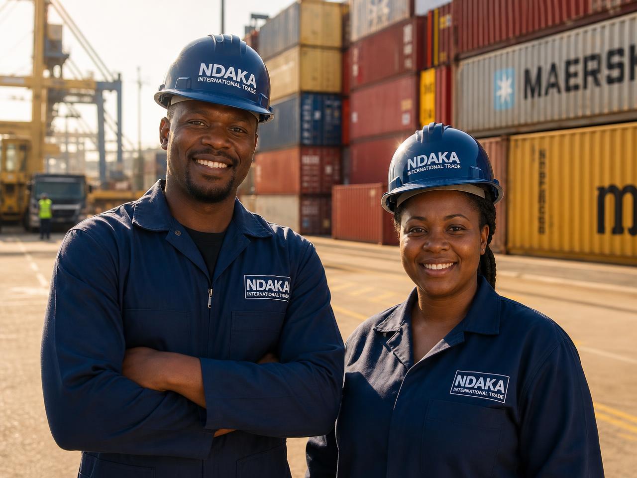 Ndaka International Trade crew in branded work suits at Durban Harbour with a container ship loading behind them