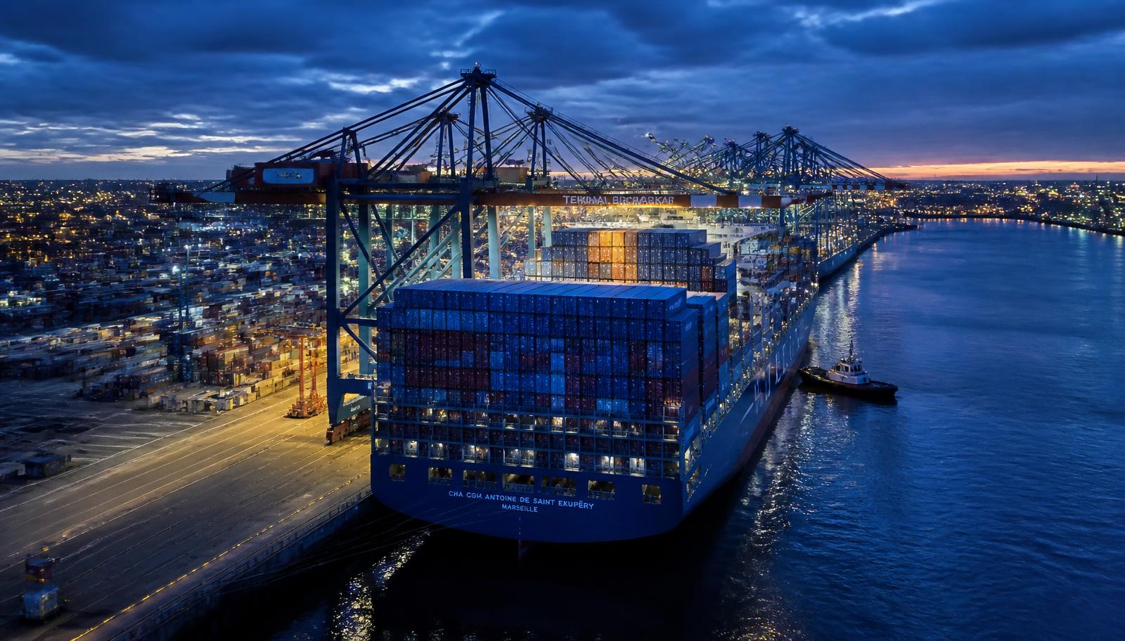Container vessel loading and offloading containers at the port terminal